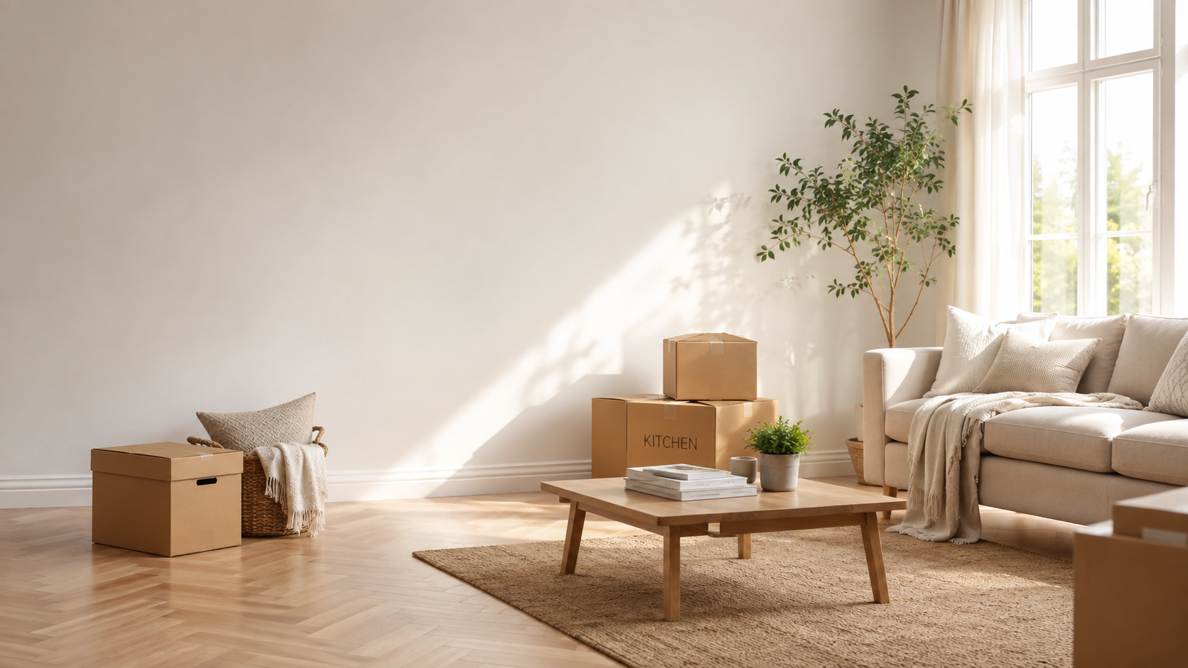 Heller Wohnraum mit wenigen Kartons und ruhiger Atmosphäre bei einem Umzug oder einer Wohnungsauflösung