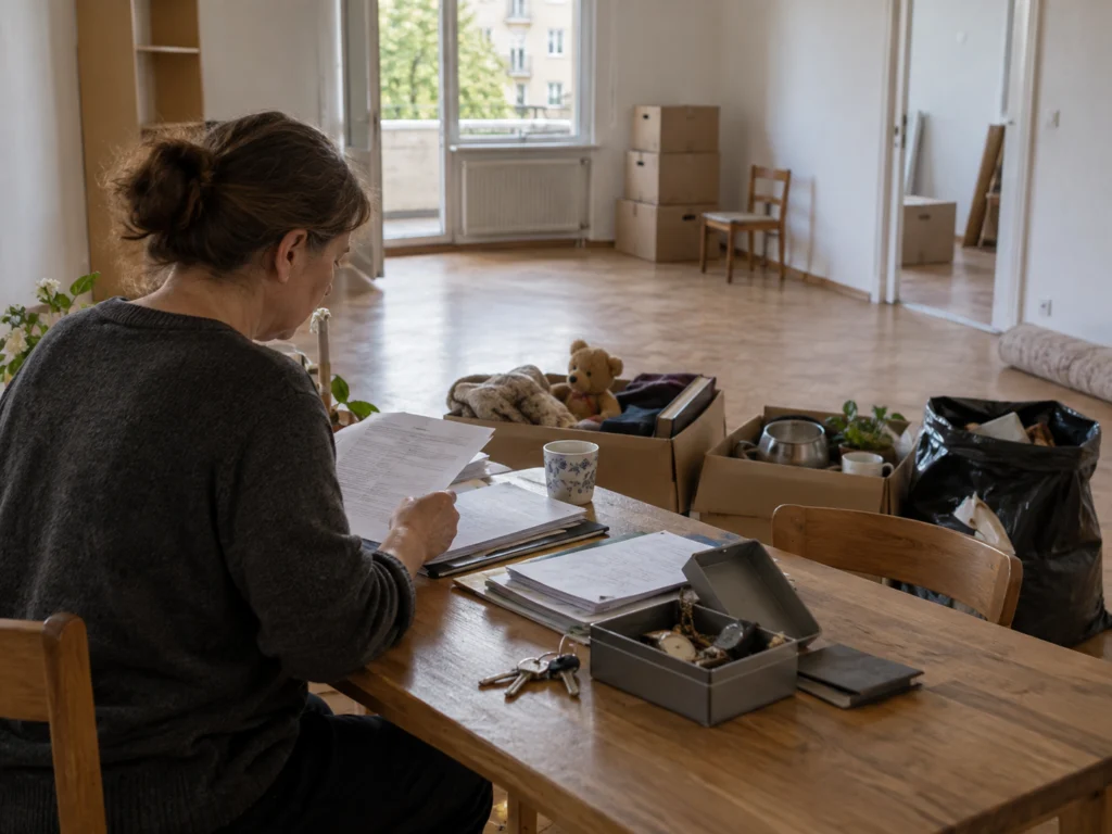 Frau sortiert Unterlagen und Hausrat bei einer Wohnungsauflösung