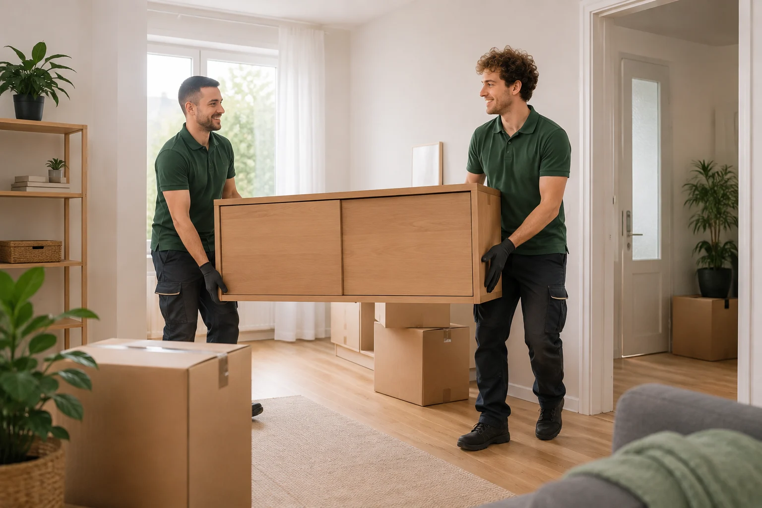 Zwei Mitarbeiter einer Entrümpelungsfirma tragen ein Möbelstück aus einer Wohnung